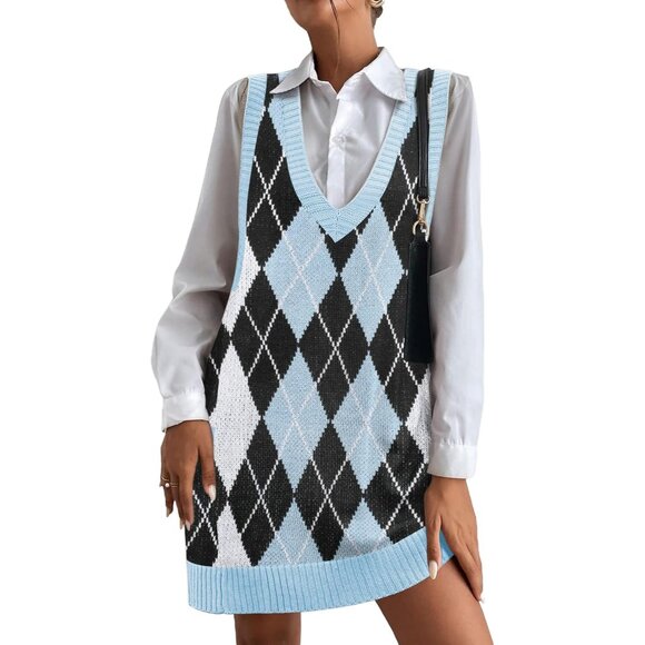 Hotouch Womens Blue Argyle V Neck Sleeveless Knitwear Pullover Vest Sweaters - Picture 1 of 6